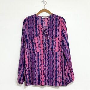 BUDDY LOVE Women Lace Up Blouse Pink Blue Reptile Print Puff Long Sleeve Large